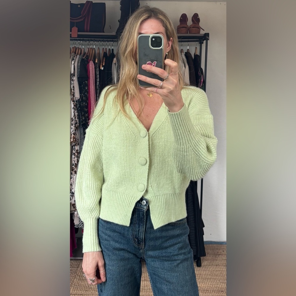 Lumiere Anthropologie Button Up Mint Green Knit Woven Cardigan Sweater Jumper - Picture 4 of 12